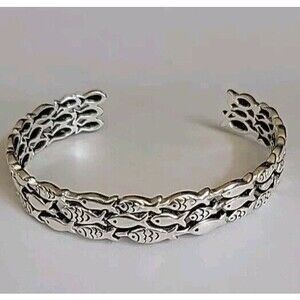 School of Fish Silver Plated Wide Chunky Black Enamel Accents Cuff Bracelet